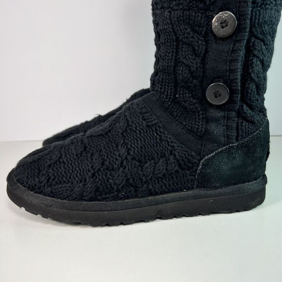 UGG Australia Boots Women's Sz 7 Black Gray Buttons Foldover Cable Knit - Picture 2 of 16